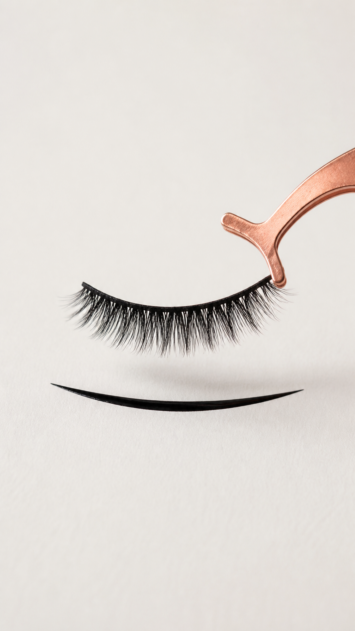 Detalle: la pestaña magnética sujeta con la pinza del kit, justo antes de acercarla a la línea de eyeliner magnético