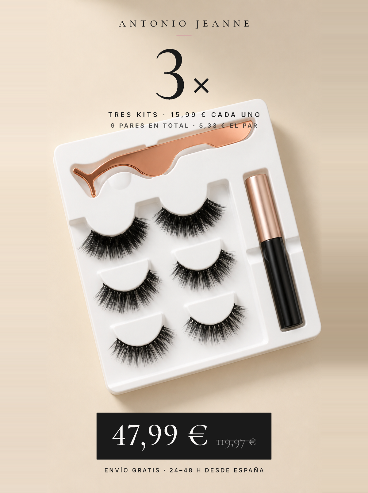 Pack de 3 kits de pestañas magnéticas Antonio Jeanne — 47,99 € (15,99 € cada uno), 9 pares en total a 5,33 € el par, envío gratis 24-48 h desde España